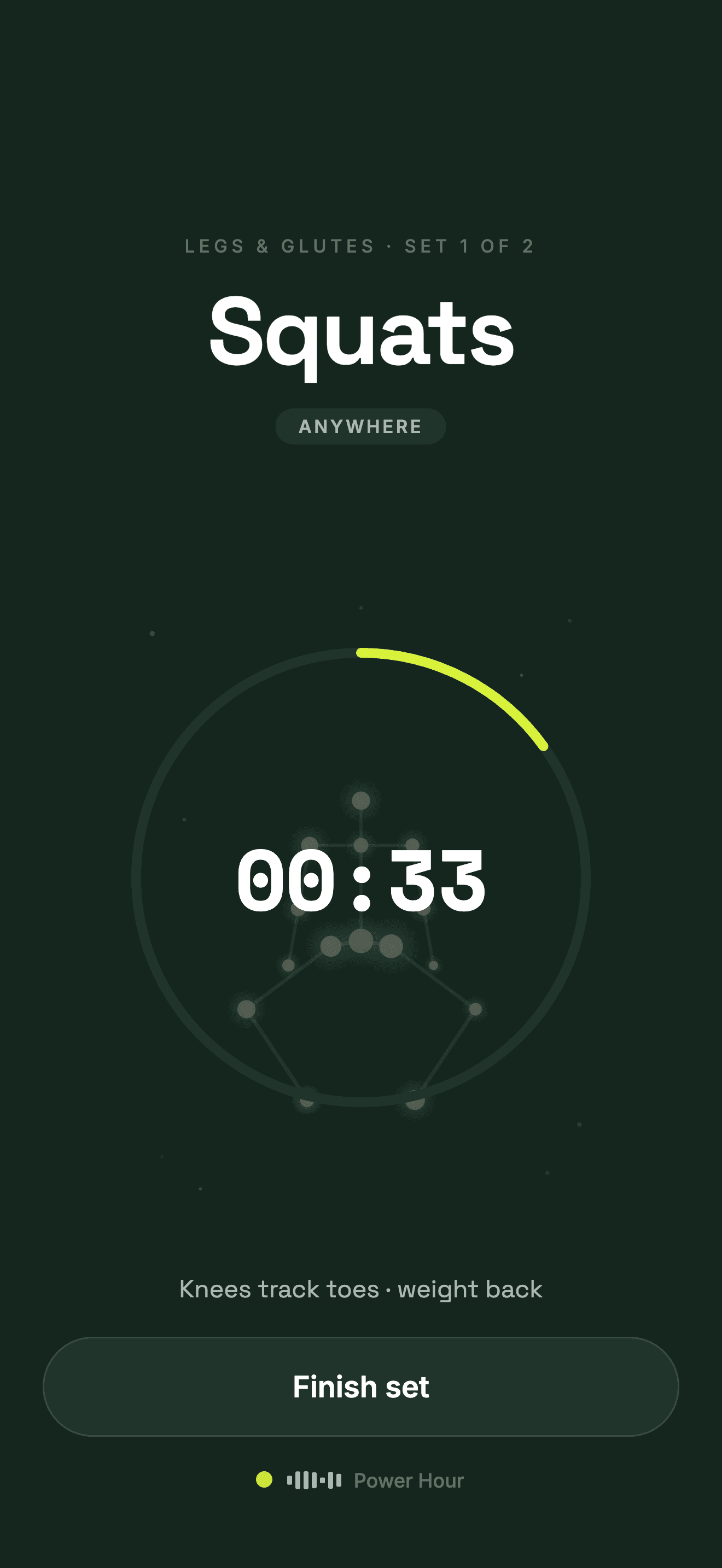 Exercise Bites mid-set: timer ring with the constellation figure