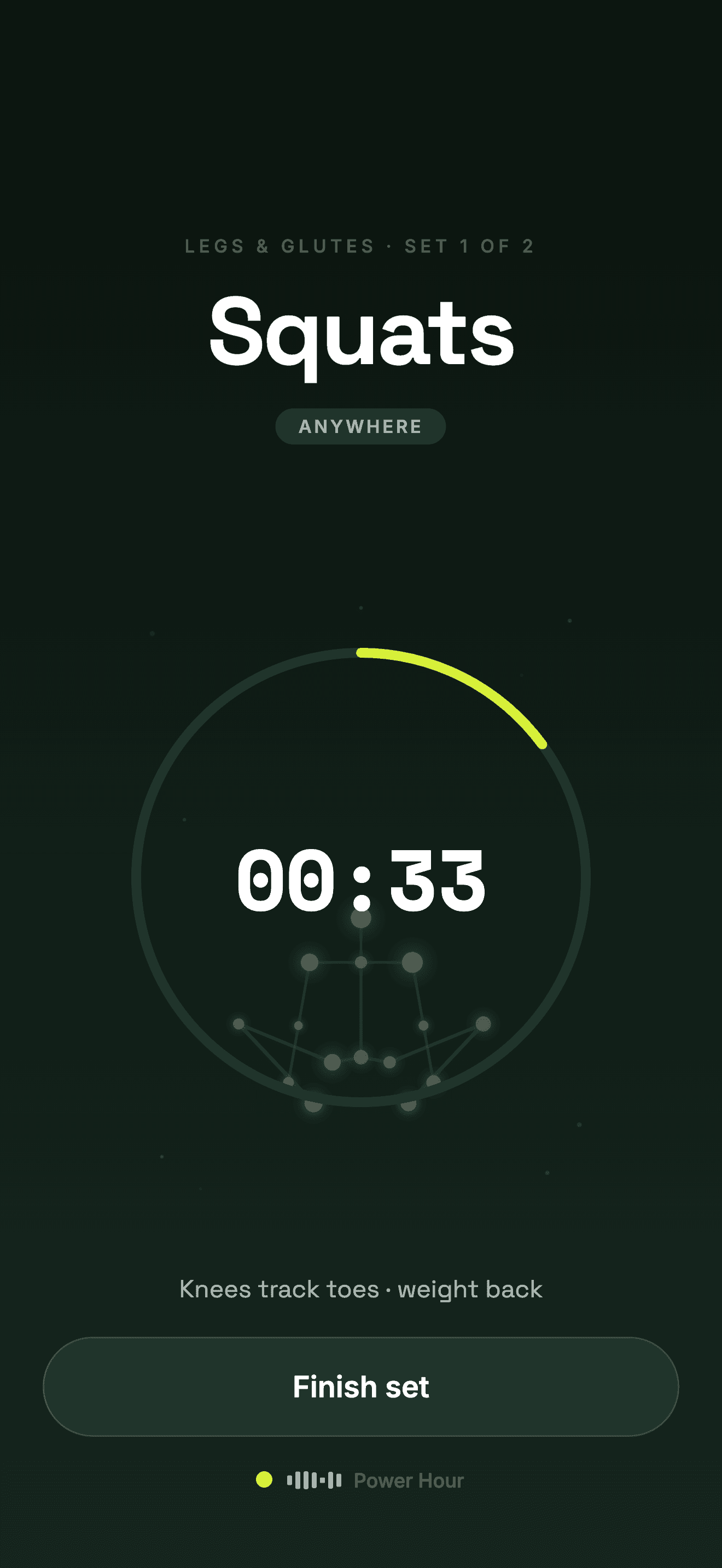 Exercise screen mid-set — timer ring with the constellation figure